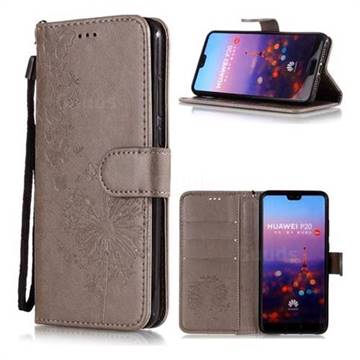 Intricate Embossing Dandelion Butterfly Leather Wallet Case for Huawei P20 - Gray