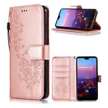 Intricate Embossing Dandelion Butterfly Leather Wallet Case for Huawei P20 - Rose Gold