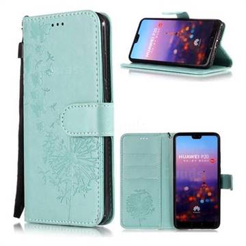 Intricate Embossing Dandelion Butterfly Leather Wallet Case for Huawei P20 - Green