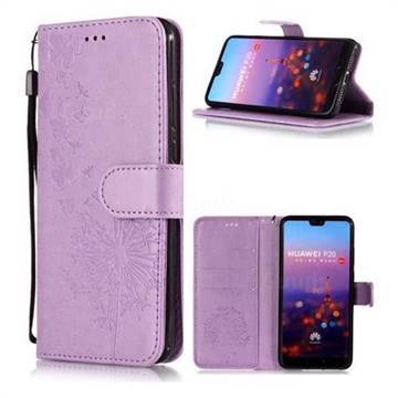 Intricate Embossing Dandelion Butterfly Leather Wallet Case for Huawei P20 - Purple