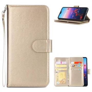 9 Card Photo Frame Smooth PU Leather Wallet Phone Case for Huawei P20 - Golden