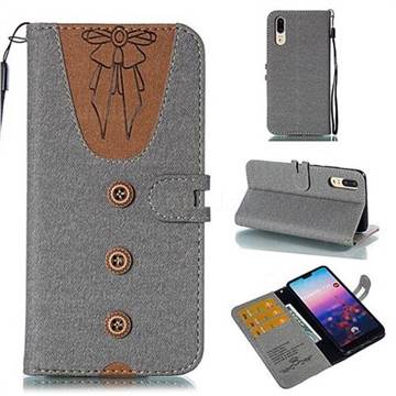 Ladies Bow Clothes Pattern Leather Wallet Phone Case for Huawei P20 - Gray