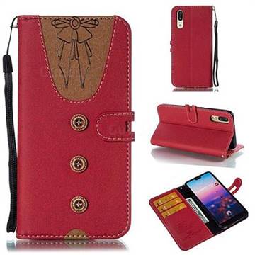 Ladies Bow Clothes Pattern Leather Wallet Phone Case for Huawei P20 - Red