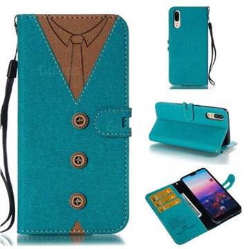 Mens Button Clothing Style Leather Wallet Phone Case for Huawei P20 - Green