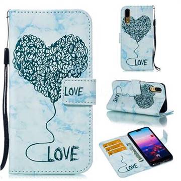 Marble Heart PU Leather Wallet Phone Case for Huawei P20 - Blue