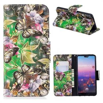 Green Leaf Butterfly 3D Painted Leather Wallet Phone Case for Huawei P20