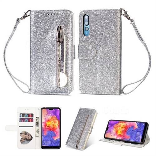 Glitter Shine Leather Zipper Wallet Phone Case for Huawei P20 - Silver