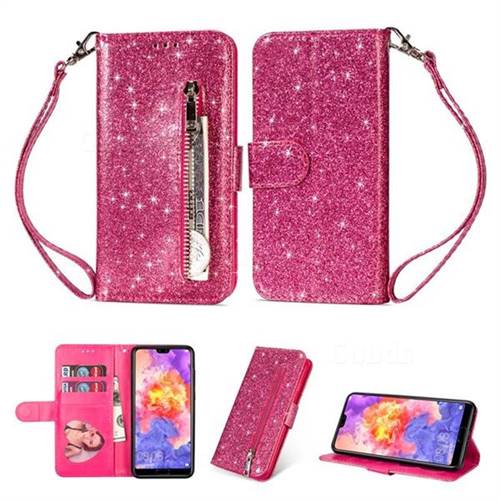 Glitter Shine Leather Zipper Wallet Phone Case for Huawei P20 - Rose