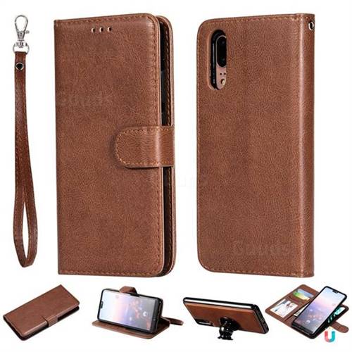 Retro Greek Detachable Magnetic PU Leather Wallet Phone Case for Huawei P20 - Brown