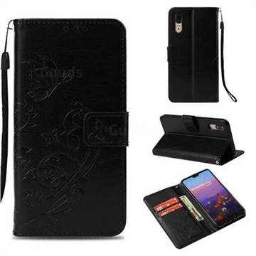 Embossing Butterfly Flower Leather Wallet Case for Huawei P20 - Black