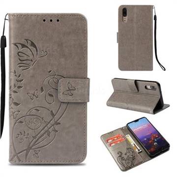 Embossing Butterfly Flower Leather Wallet Case for Huawei P20 - Grey