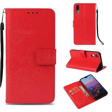 Embossing Butterfly Flower Leather Wallet Case for Huawei P20 - Red