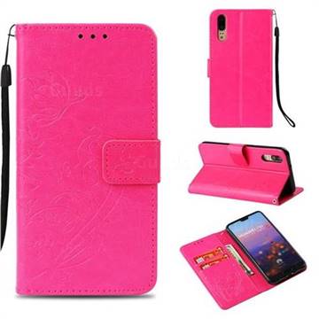 Embossing Butterfly Flower Leather Wallet Case for Huawei P20 - Rose