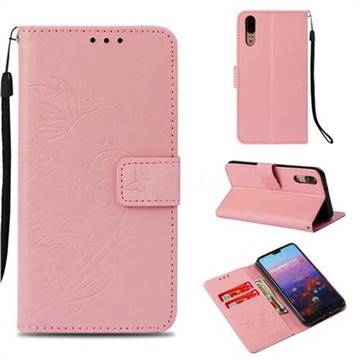 Embossing Butterfly Flower Leather Wallet Case for Huawei P20 - Pink