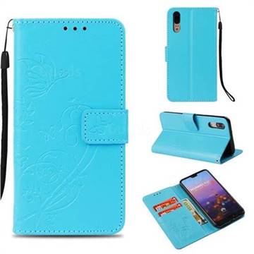 Embossing Butterfly Flower Leather Wallet Case for Huawei P20 - Blue