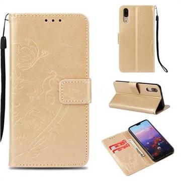 Embossing Butterfly Flower Leather Wallet Case for Huawei P20 - Champagne