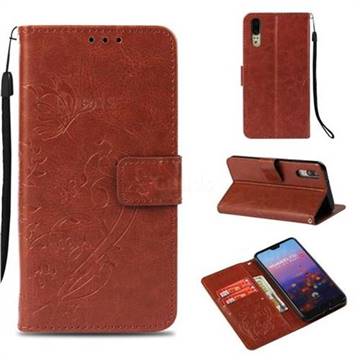 Embossing Butterfly Flower Leather Wallet Case for Huawei P20 - Brown