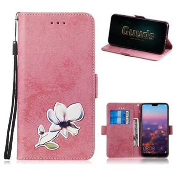 Retro Leather Phone Wallet Case with Aluminum Alloy Patch for Huawei P20 - Pink