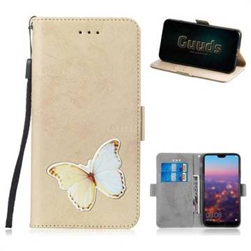 Retro Leather Phone Wallet Case with Aluminum Alloy Patch for Huawei P20 - Golden