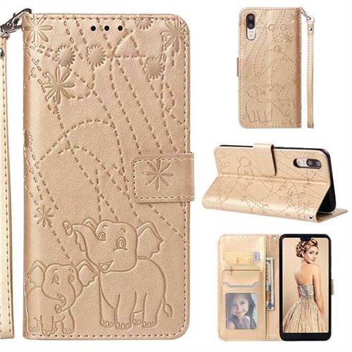 Embossing Fireworks Elephant Leather Wallet Case for Huawei P20 - Golden