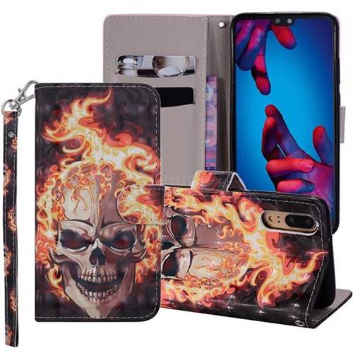 Flame Skull 3D Painted Leather Phone Wallet Case Cover for Huawei P20