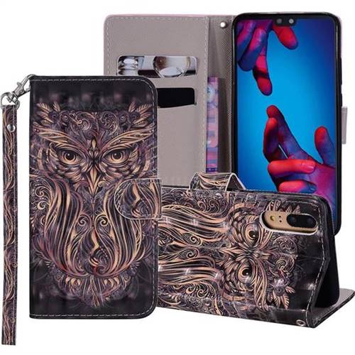 Tribal Owl 3D Painted Leather Phone Wallet Case Cover for Huawei P20
