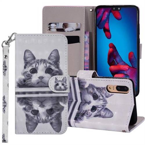 Mirror Cat 3D Painted Leather Phone Wallet Case Cover for Huawei P20