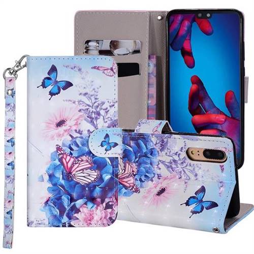 Pansy Butterfly 3D Painted Leather Phone Wallet Case Cover for Huawei P20