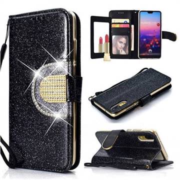 Glitter Diamond Buckle Splice Mirror Leather Wallet Phone Case for Huawei P20 - Black