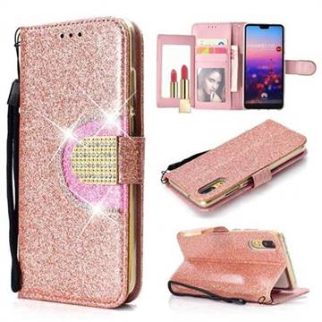 Glitter Diamond Buckle Splice Mirror Leather Wallet Phone Case for Huawei P20 - Rose Gold