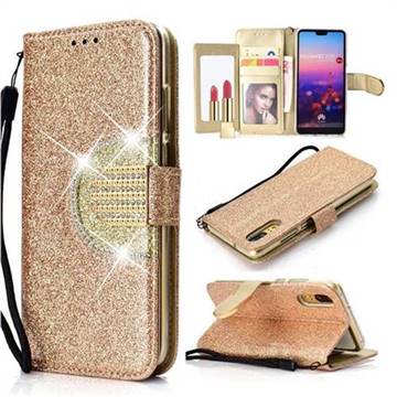 Glitter Diamond Buckle Splice Mirror Leather Wallet Phone Case for Huawei P20 - Golden