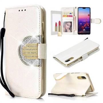 Glitter Diamond Buckle Splice Mirror Leather Wallet Phone Case for Huawei P20 - White