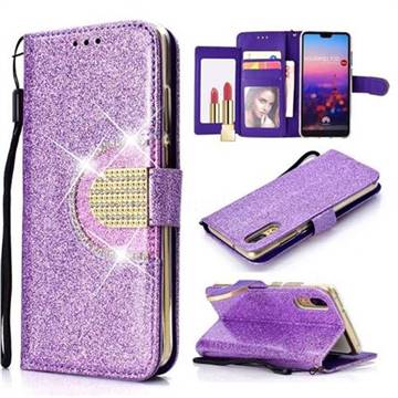 Glitter Diamond Buckle Splice Mirror Leather Wallet Phone Case for Huawei P20 - Purple