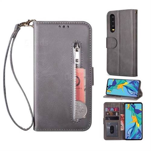 Retro Calfskin Zipper Leather Wallet Case Cover for Huawei P20 - Grey