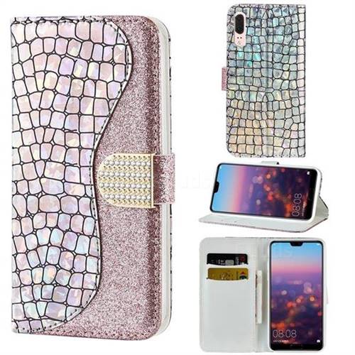 Glitter Diamond Buckle Laser Stitching Leather Wallet Phone Case for Huawei P20 - Pink