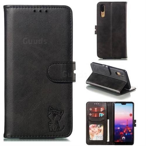 Embossing Happy Cat Leather Wallet Case for Huawei P20 - Black