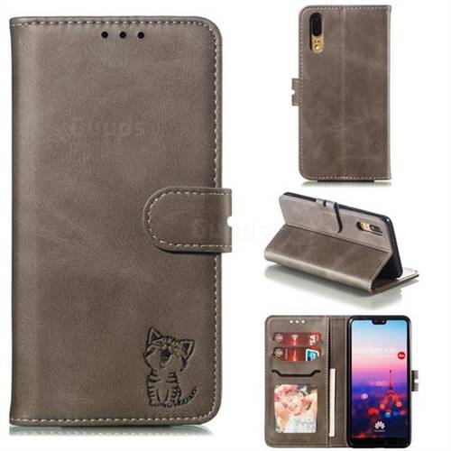 Embossing Happy Cat Leather Wallet Case for Huawei P20 - Gray