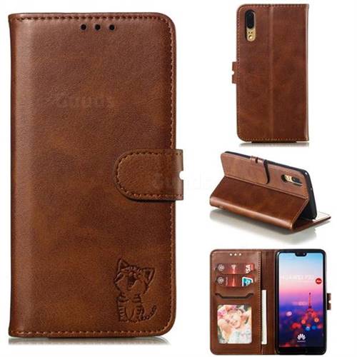 Embossing Happy Cat Leather Wallet Case for Huawei P20 - Brown