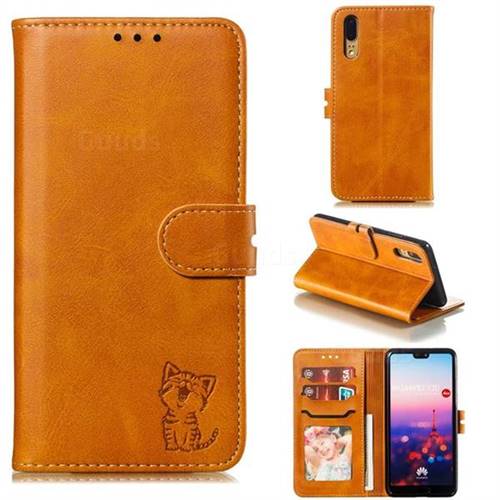 Embossing Happy Cat Leather Wallet Case for Huawei P20 - Yellow