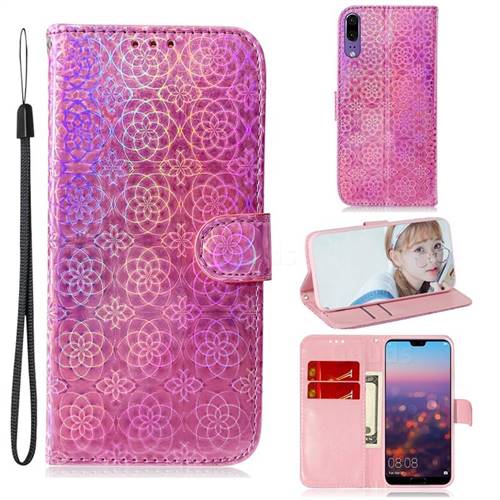 Laser Circle Shining Leather Wallet Phone Case for Huawei P20 - Pink