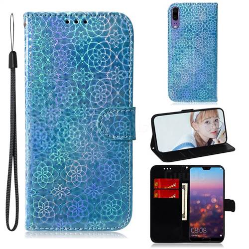 Laser Circle Shining Leather Wallet Phone Case for Huawei P20 - Blue