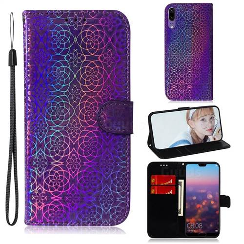 Laser Circle Shining Leather Wallet Phone Case for Huawei P20 - Purple