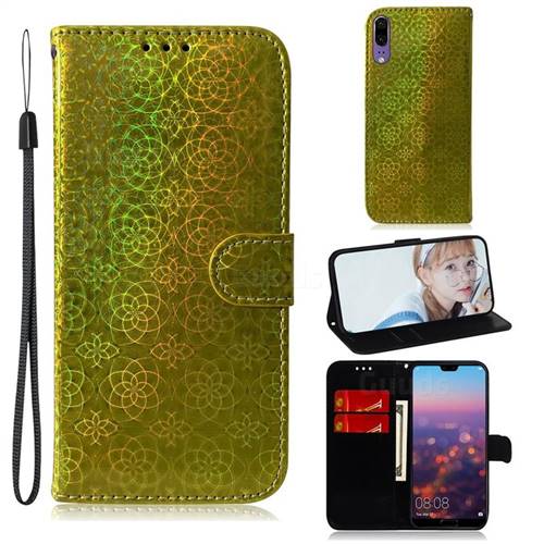 Laser Circle Shining Leather Wallet Phone Case for Huawei P20 - Golden