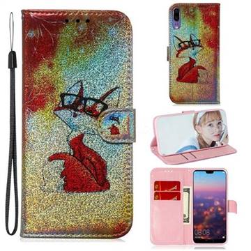 Glasses Fox Laser Shining Leather Wallet Phone Case for Huawei P20