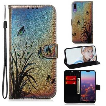 Butterfly Orchid Laser Shining Leather Wallet Phone Case for Huawei P20