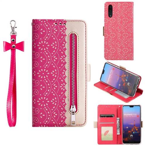 Luxury Lace Zipper Stitching Leather Phone Wallet Case for Huawei P20 - Rose
