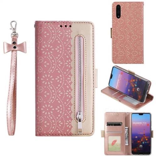 Luxury Lace Zipper Stitching Leather Phone Wallet Case for Huawei P20 - Pink