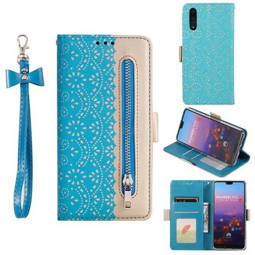 Luxury Lace Zipper Stitching Leather Phone Wallet Case for Huawei P20 - Blue