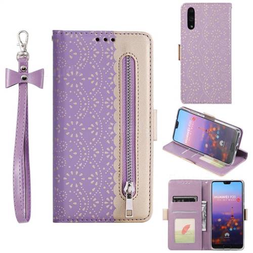 Luxury Lace Zipper Stitching Leather Phone Wallet Case for Huawei P20 - Purple