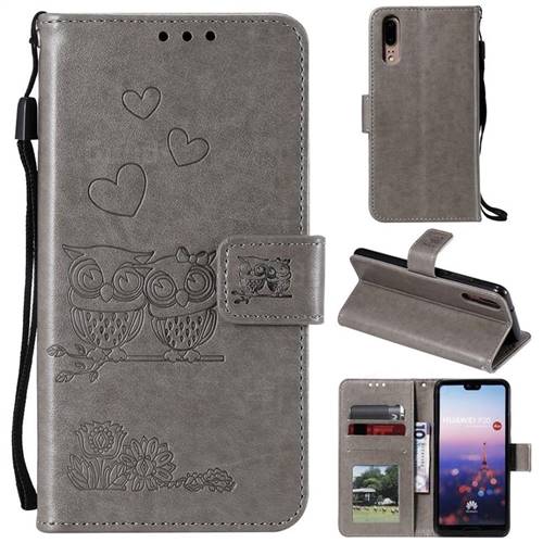 Embossing Owl Couple Flower Leather Wallet Case for Huawei P20 - Gray